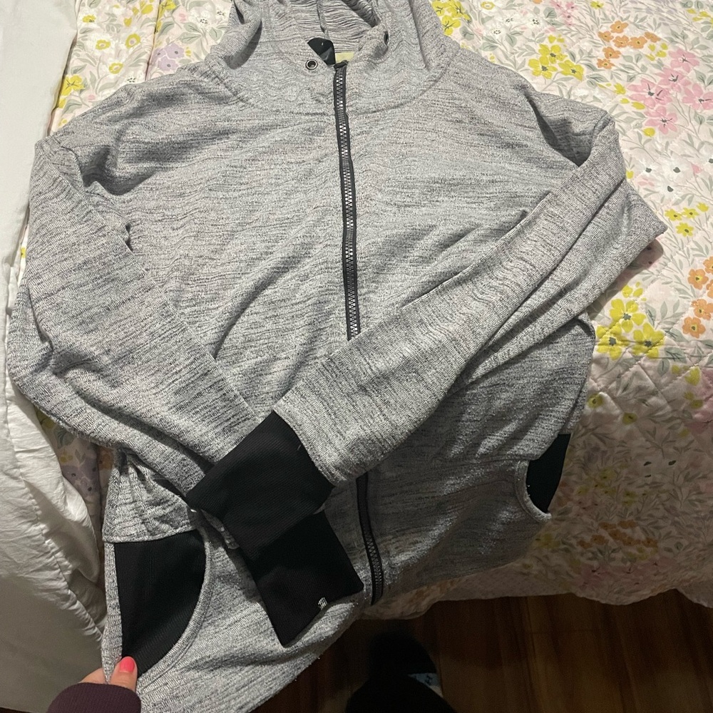 Gray Zip-Up Hoodie with Black Accents